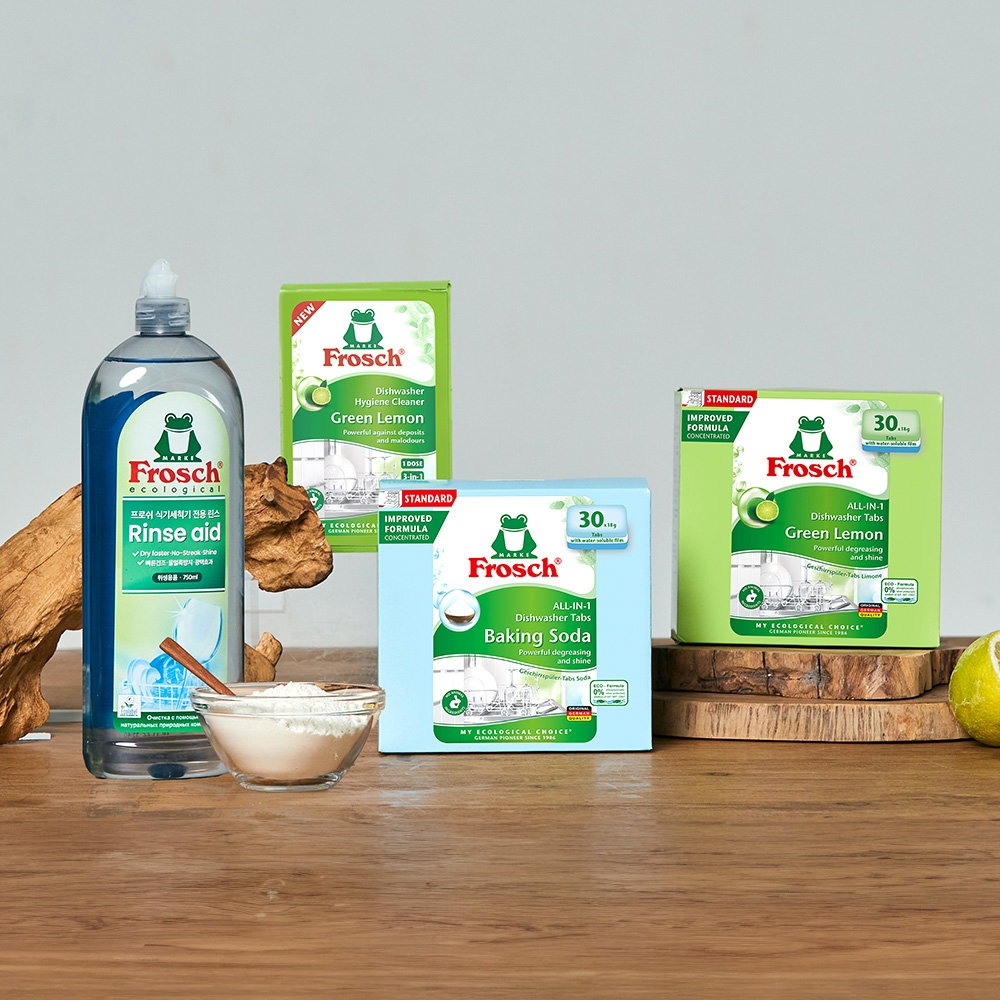 K-Lifestyle FROSCH German Dishwasher Detergent 3-Pack Full Set (3 Dishwasher Detergents + 1 Rinse Bottle + 1 Cleaner)
