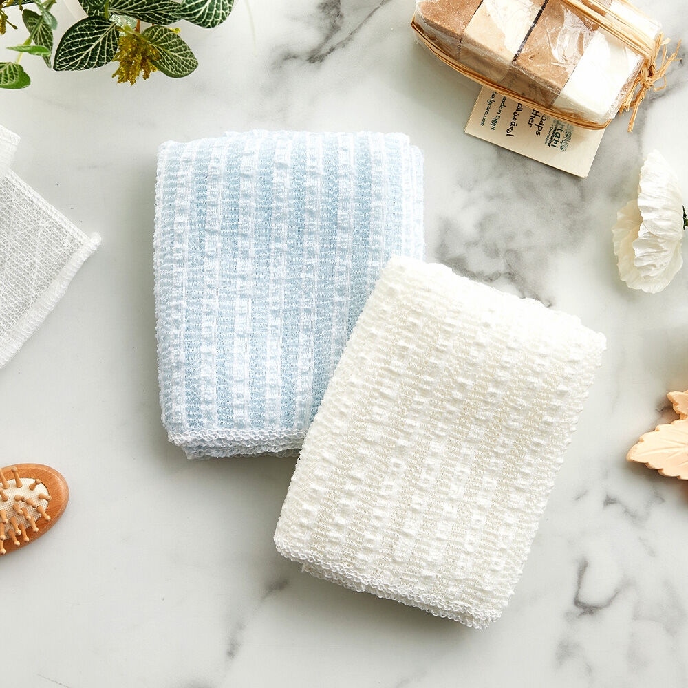 K-Lifestyle Modern House Rough Embossed Shower Towel 2-Piece Ivory Blue