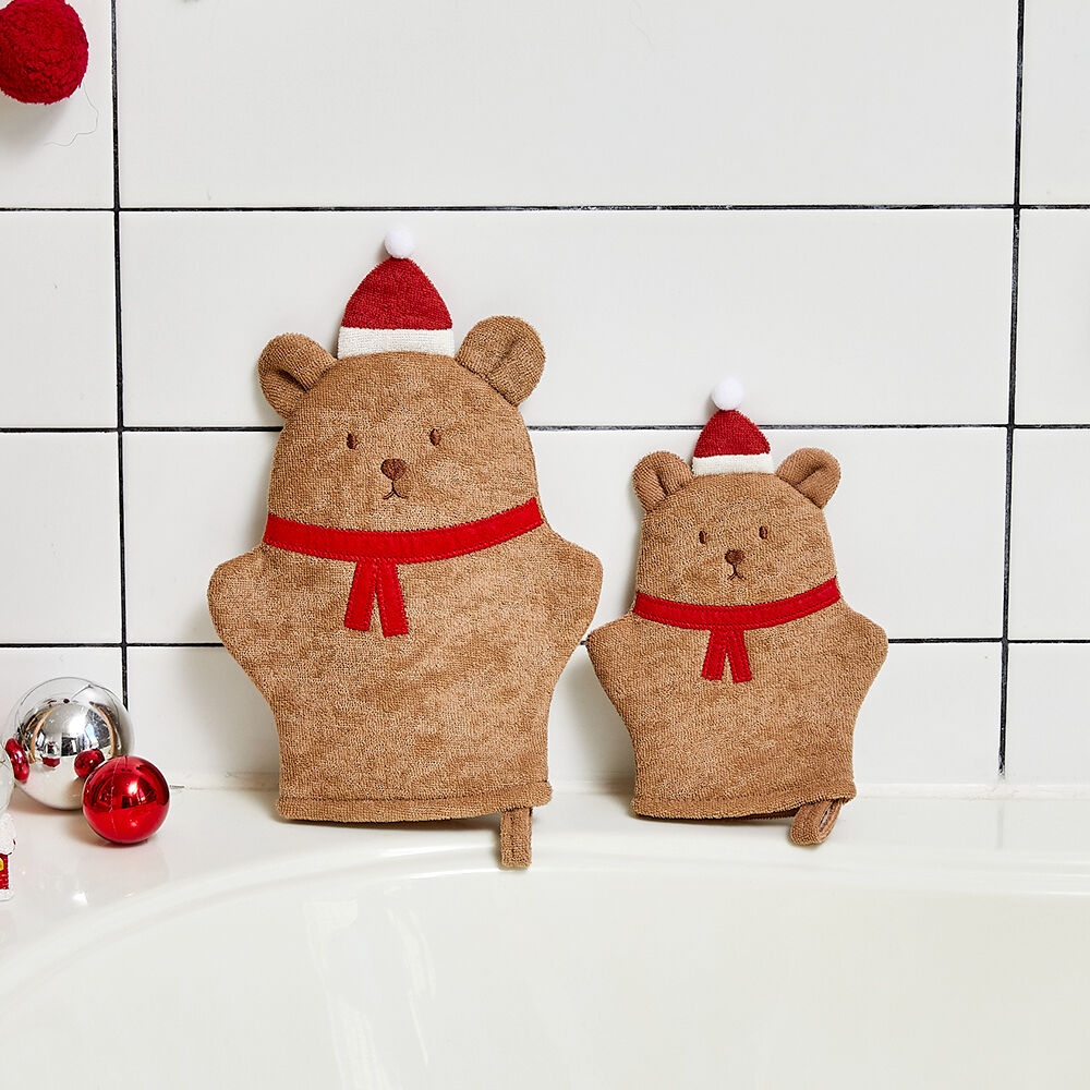 K-Lifestyle Modern House Santa Bear Bath Glove Set 2 with Mom
