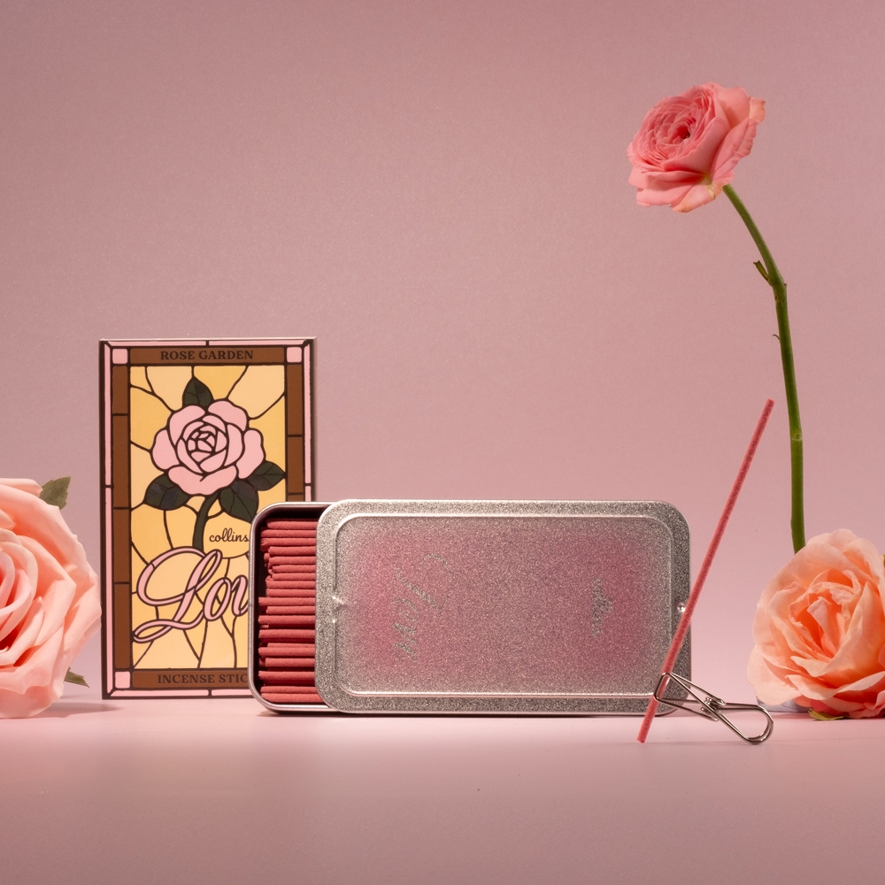 K-Lifestyle COLLINS LOVE EDITION Rose Garden Incense Sticks box, slide tin and incense clip
