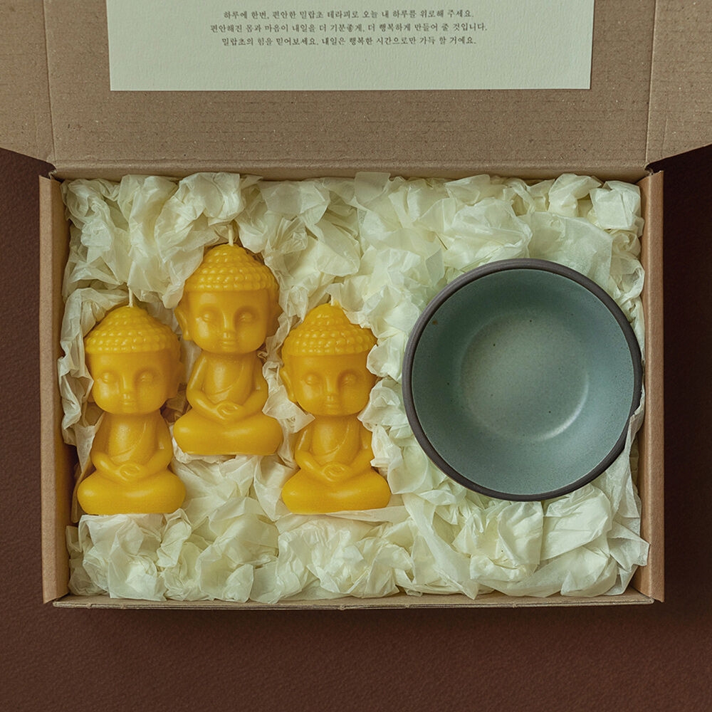K-Lifestyle Prida Buddha Prayer Candle & Wish Candle Set Beeswax Candles (3 Candles + Celadon Holder)