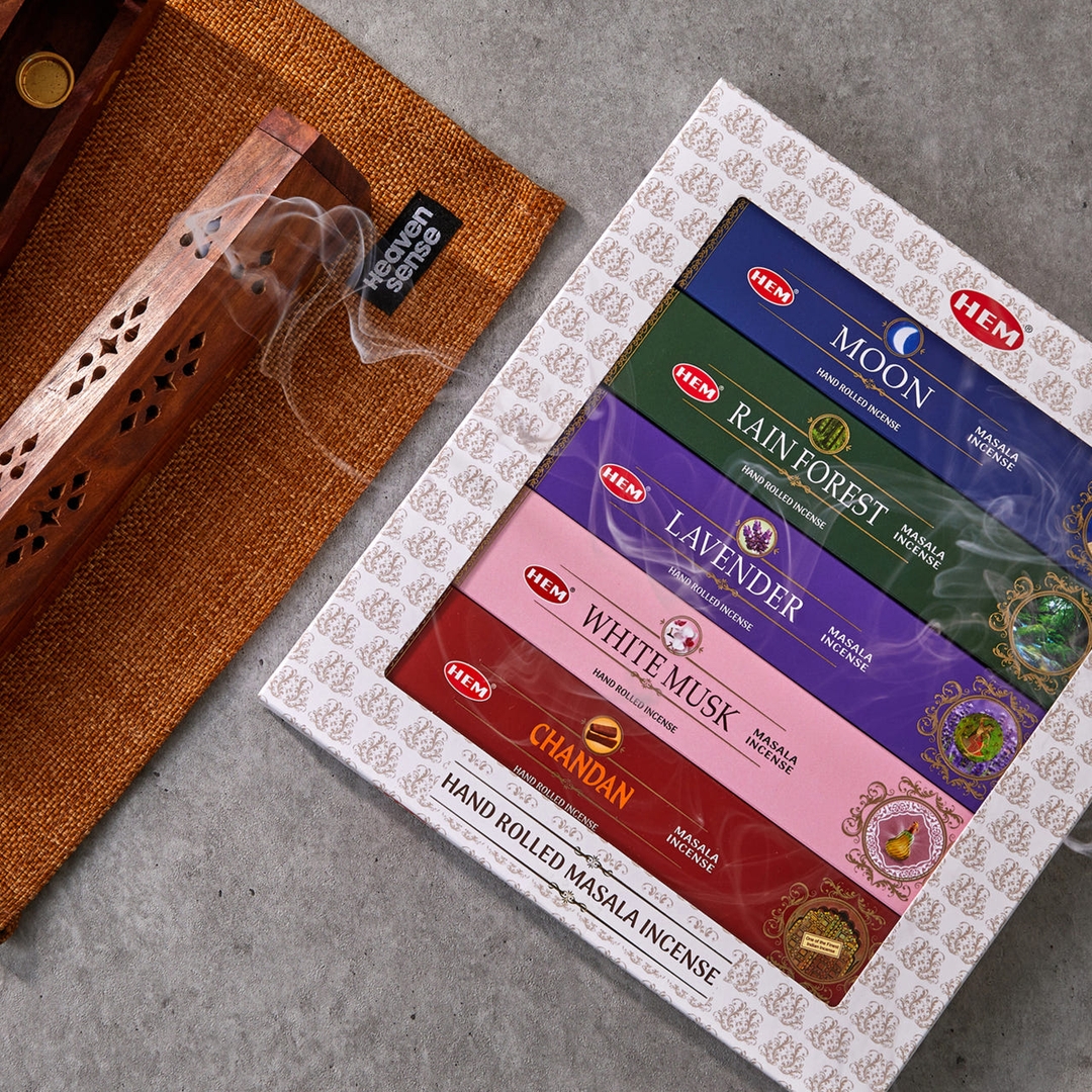 K-Lifestyle heavensense HEM Premium Masala Incense Sticks 5-Pack + Incense Holder Set