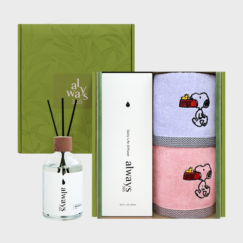 K-Lifestyle SONGWOL TOWEL Snoopy Block Black Loop Towel 2-Piece + Diffuser 1-Piece