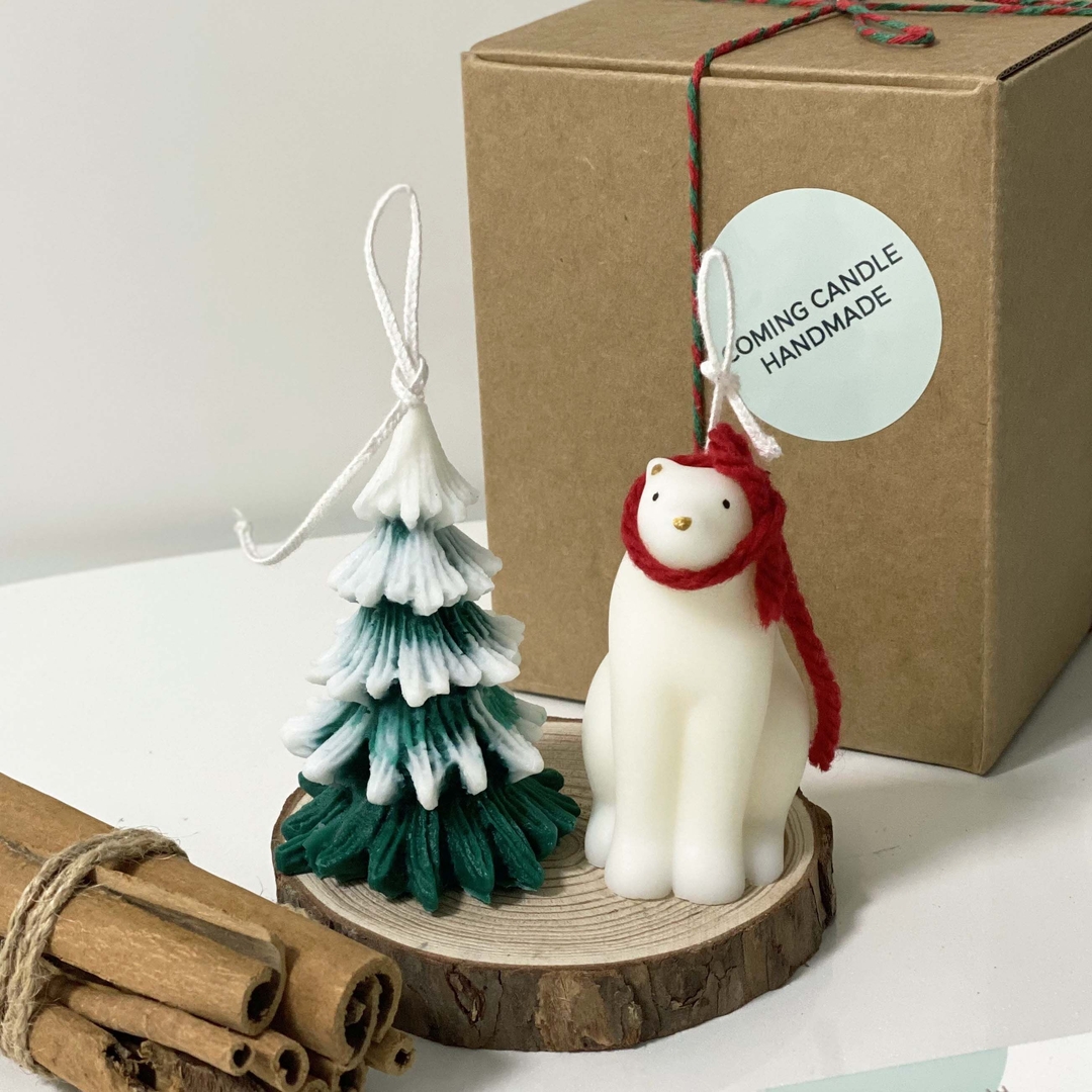 K-Lifestyle coming candle Baby Bear + Christmas Tree Candle + Wooden Coaster Set / Interior Decor / Christmas Candle