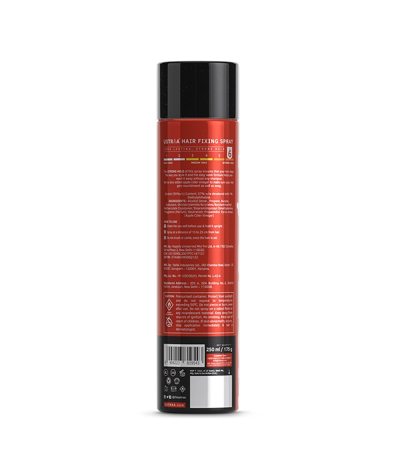 Ustraa Hair Fixing Spray Strong Hold 250ml back label with ingredients and how to use