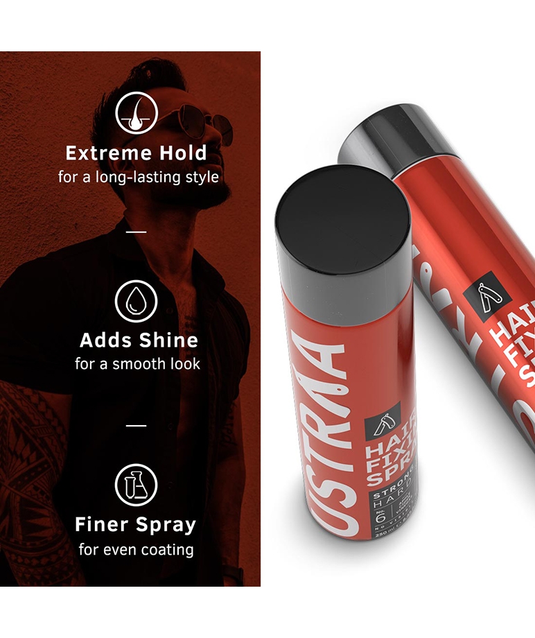 Ustraa Hair Fixing Spray Strong Hold extreme hold, adds shine, finer spray benefits