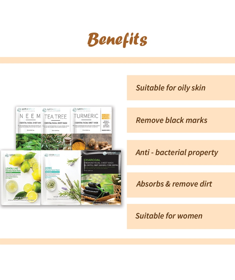 Mirabelle Oily Skin Facial Sheet Mask 25ml Pack of 6 set contents Tea Tree Turmeric Lemon Lime Herbs Charcoal Neem