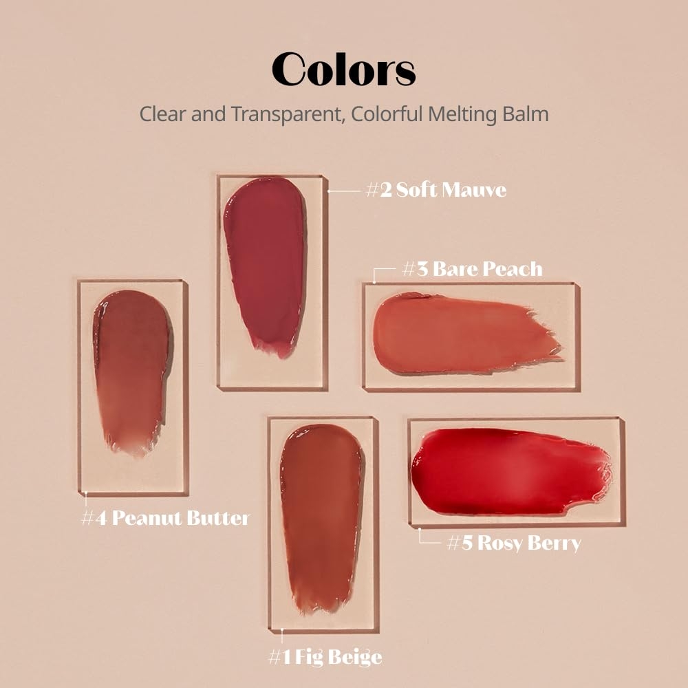 Etude Ginger Sugar Melting Balm 5-shade color chart Fig Beige Soft Mauve Bare Peach Peanut Butter Rosy Berry