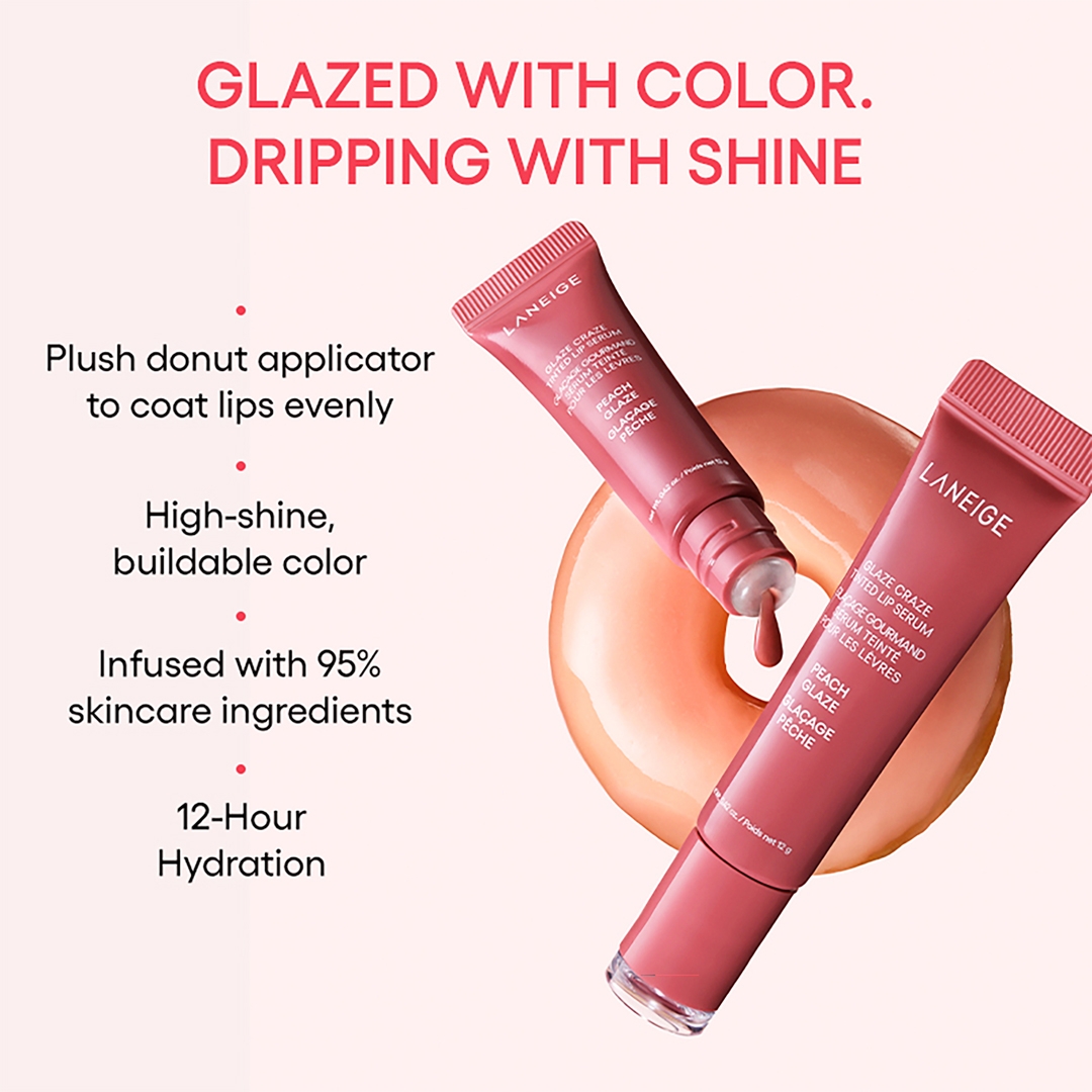 LANEIGE Glaze Craze Tinted Lip Serum Peach Glaze donut applicator, high-shine buildable color, 12-hour hydration