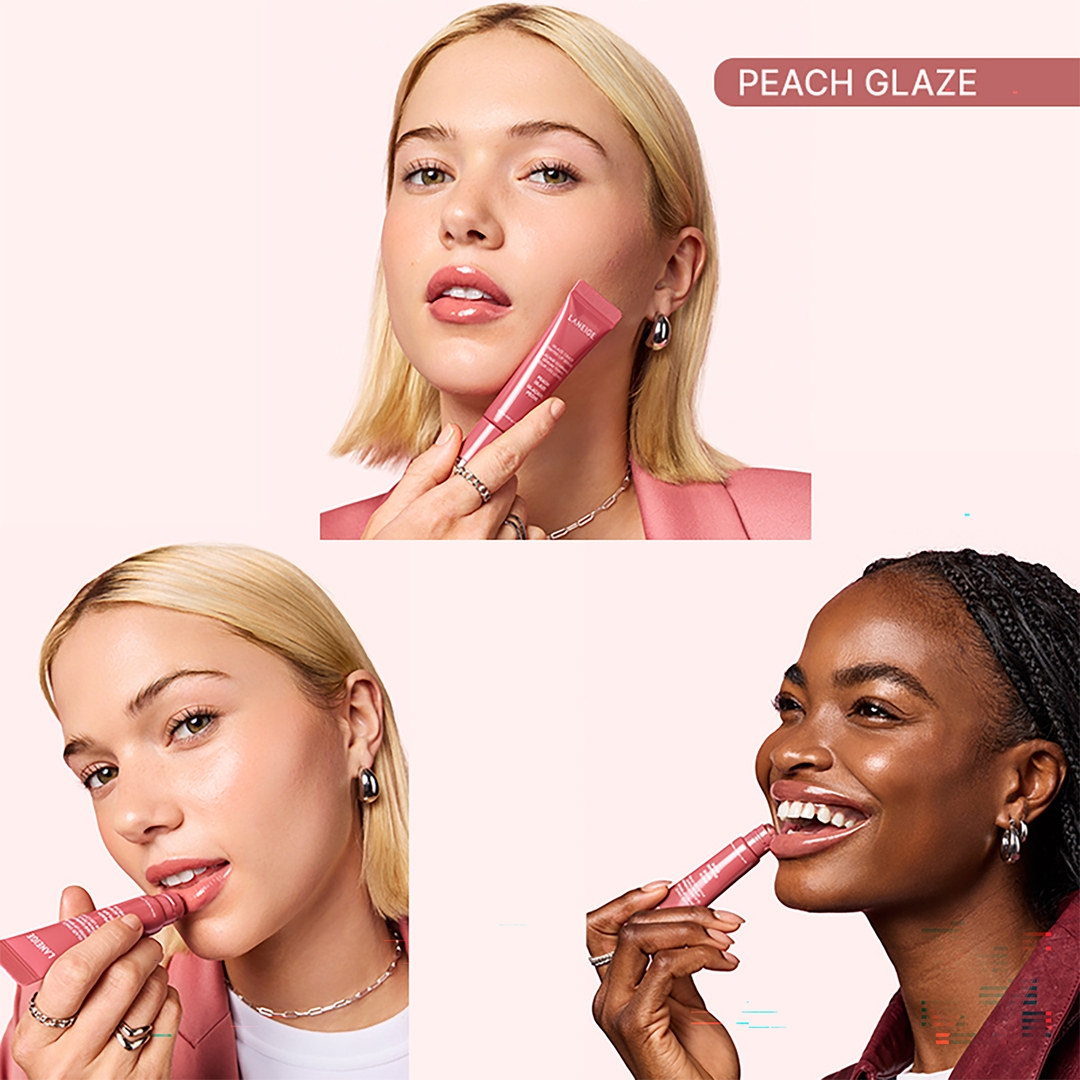 LANEIGE Glaze Craze Tinted Lip Serum Peach Glaze on models, applying to lips