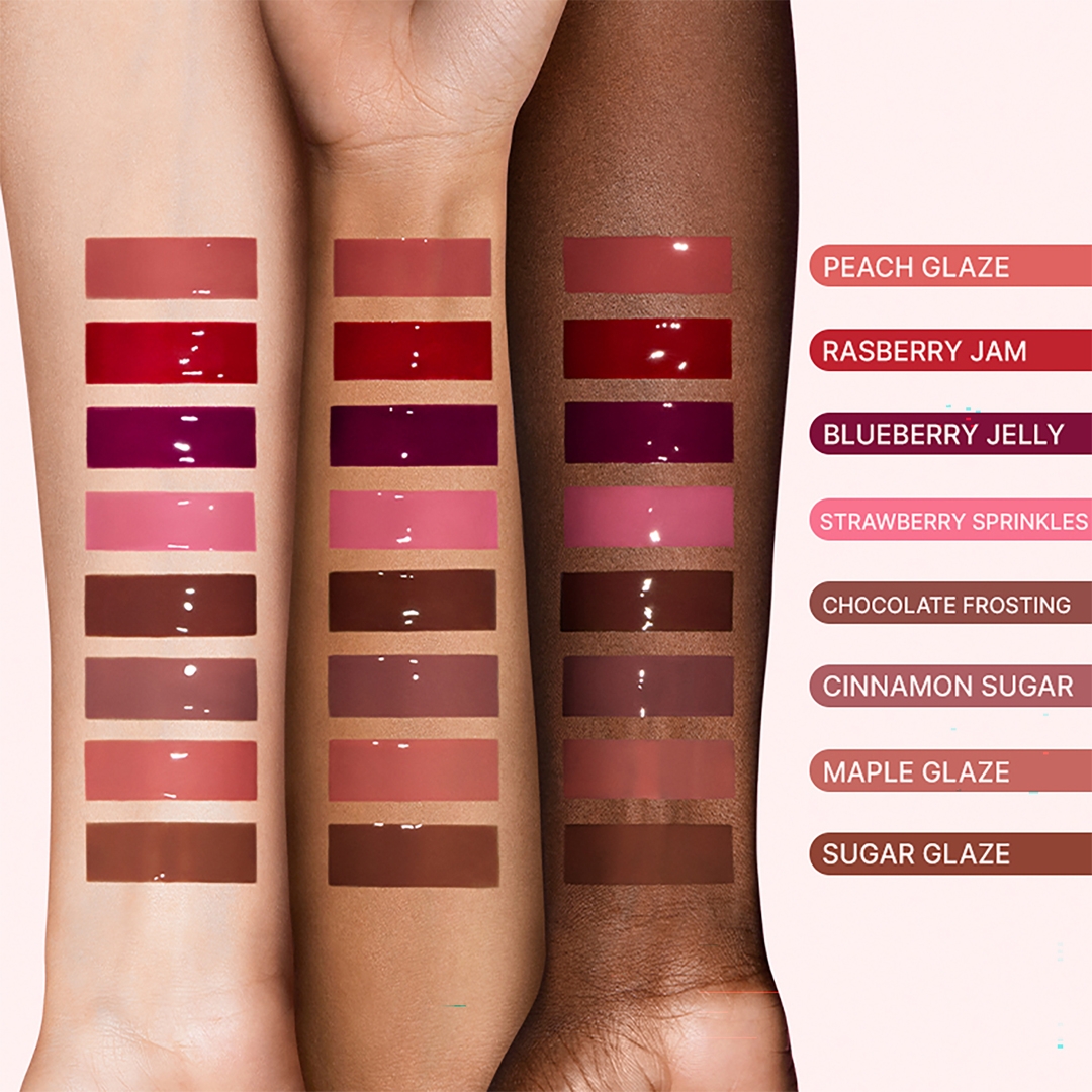 LANEIGE Glaze Craze Tinted Lip Serum arm swatches on three skin tones, Peach Glaze
