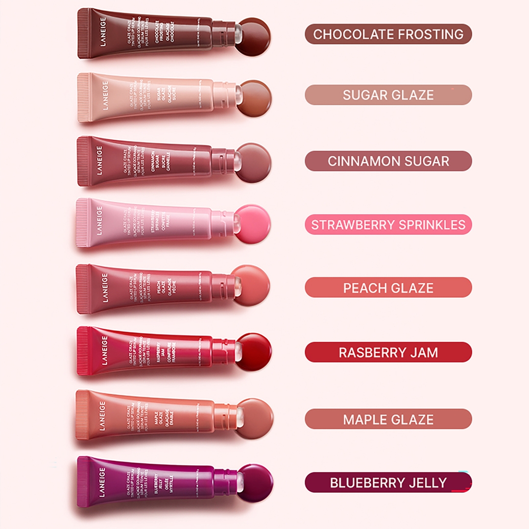 LANEIGE Glaze Craze Tinted Lip Serum shade lineup with tubes, Peach Glaze included