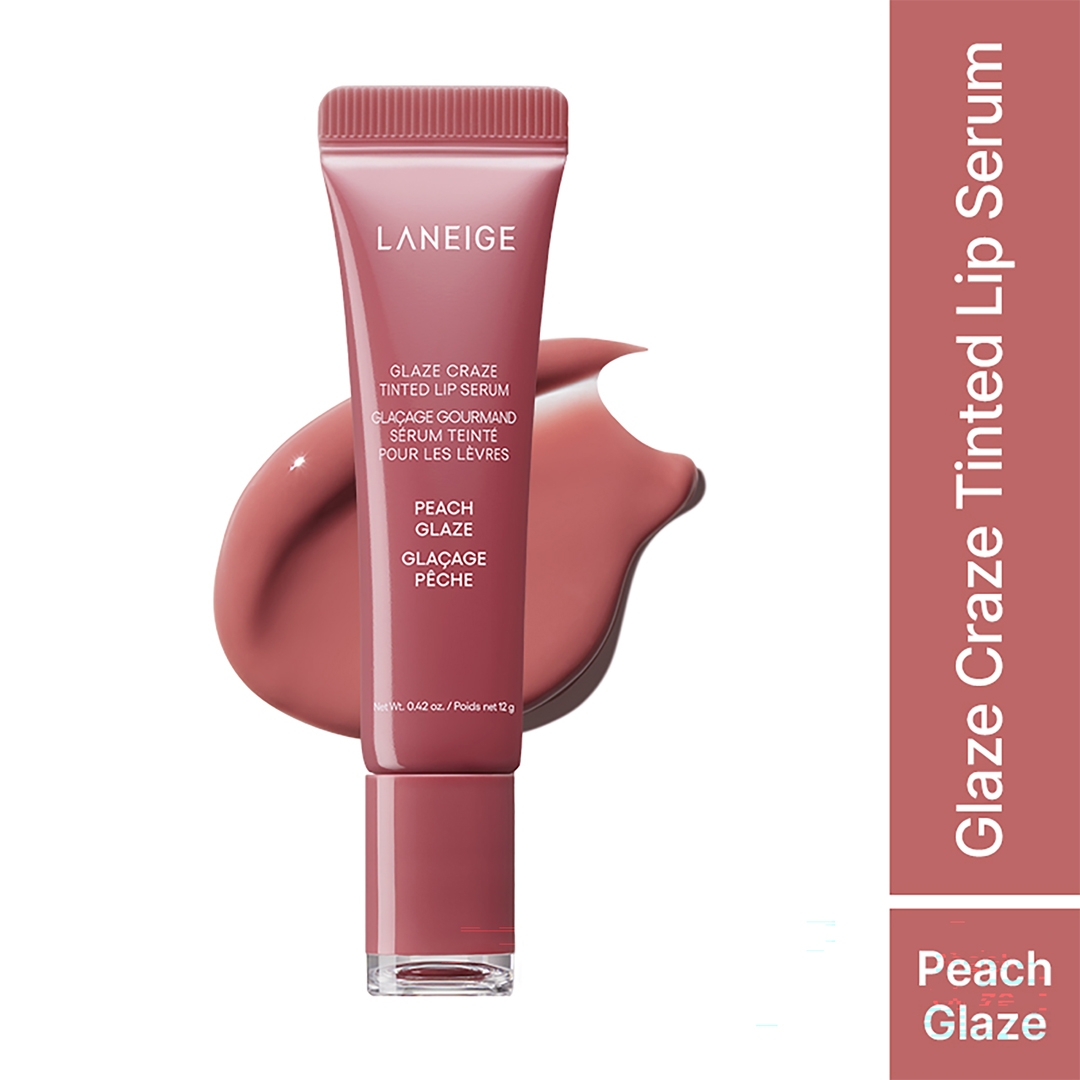 LANEIGE Glaze Craze Tinted Lip Serum Peach Glaze 12g front with texture smear