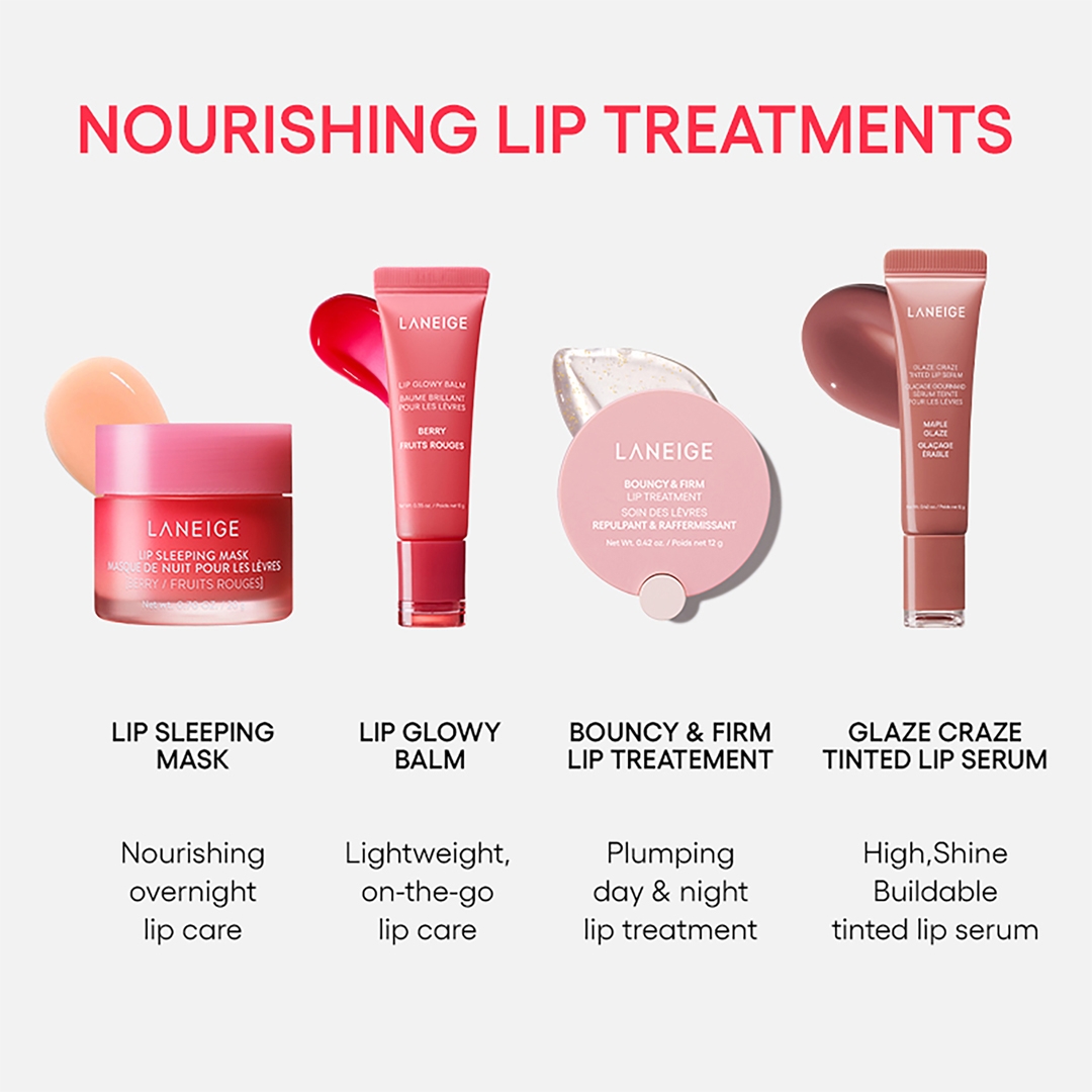 LANEIGE lip care range comparison: Lip Sleeping Mask, Lip Glowy Balm, Bouncy & Firm, Glaze Craze Tinted Lip Serum