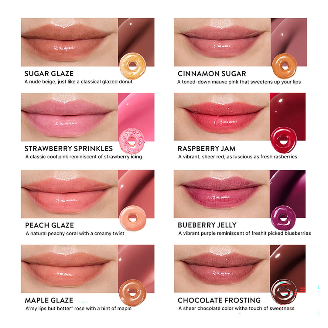 LANEIGE Glaze Craze Tinted Lip Serum 8-shade lip swatch chart with Peach Glaze natural peachy coral