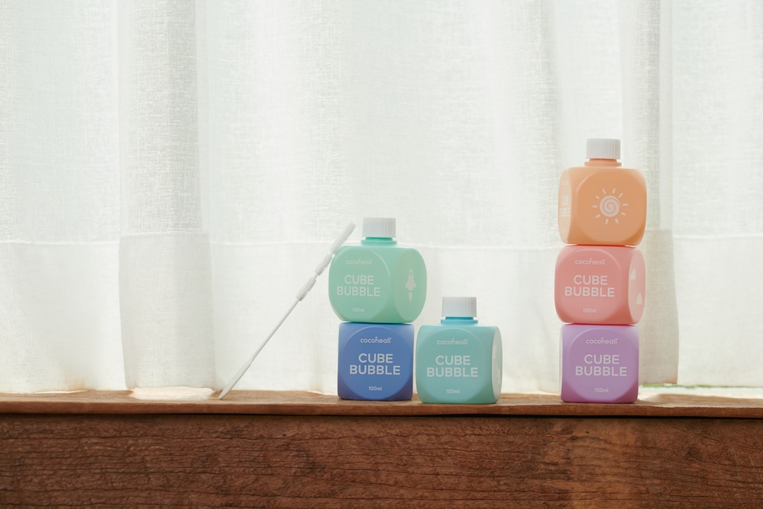COCOHEALI CUBE BUBBLE 100ml baby bubble wash, 6 color cube bottles and bubble wand set contents