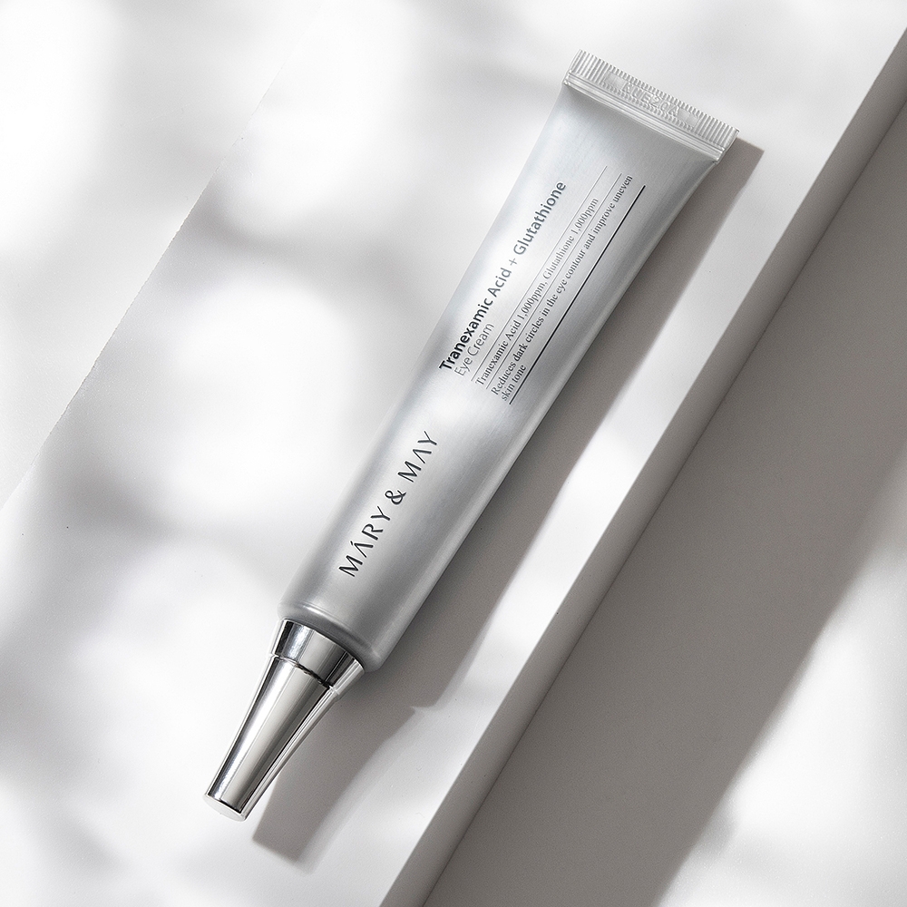 Mary&May Tranexamic Acid+Glutathione Eye Cream 30g tube front view with metal applicator tip
