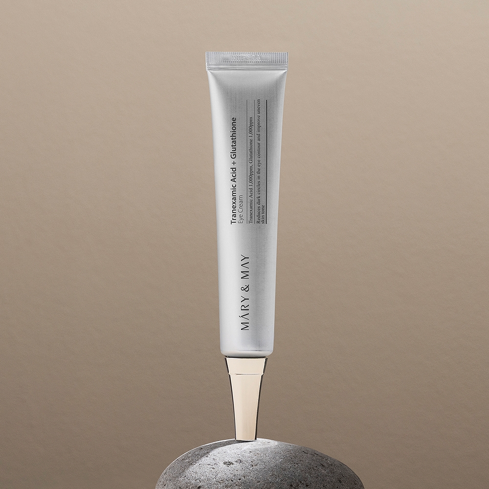 Mary&May Tranexamic Acid+Glutathione Eye Cream 30g silver tube, label and applicator tip