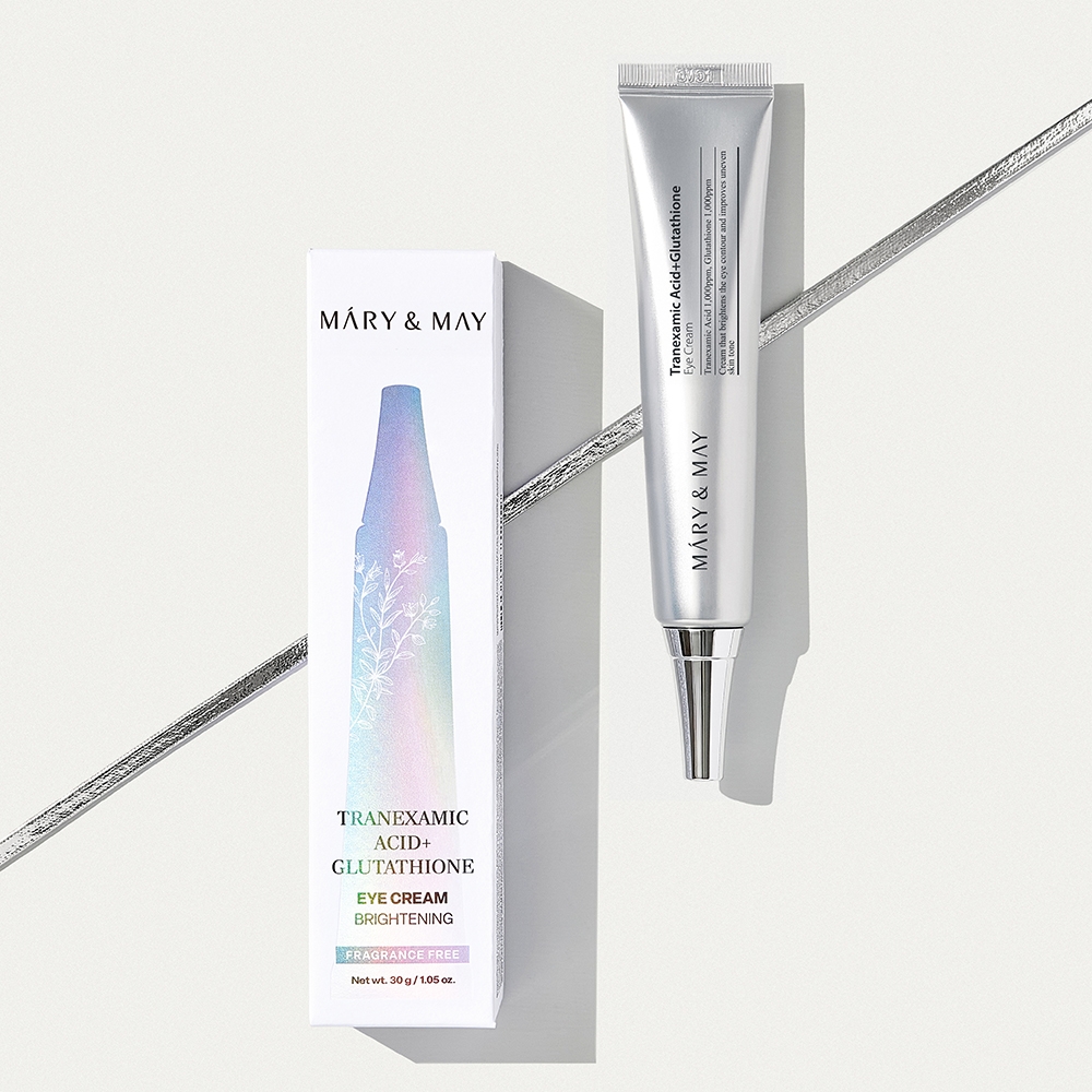 Mary&May Tranexamic Acid+Glutathione Eye Cream 30g tube with outer box, fragrance free packaging