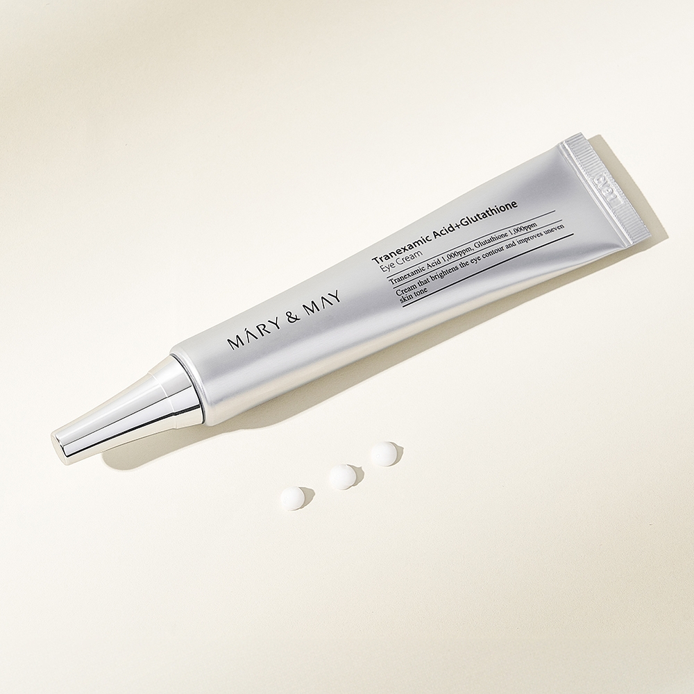 Mary&May Tranexamic Acid+Glutathione Eye Cream 30g tube ingredients label with cream dabs