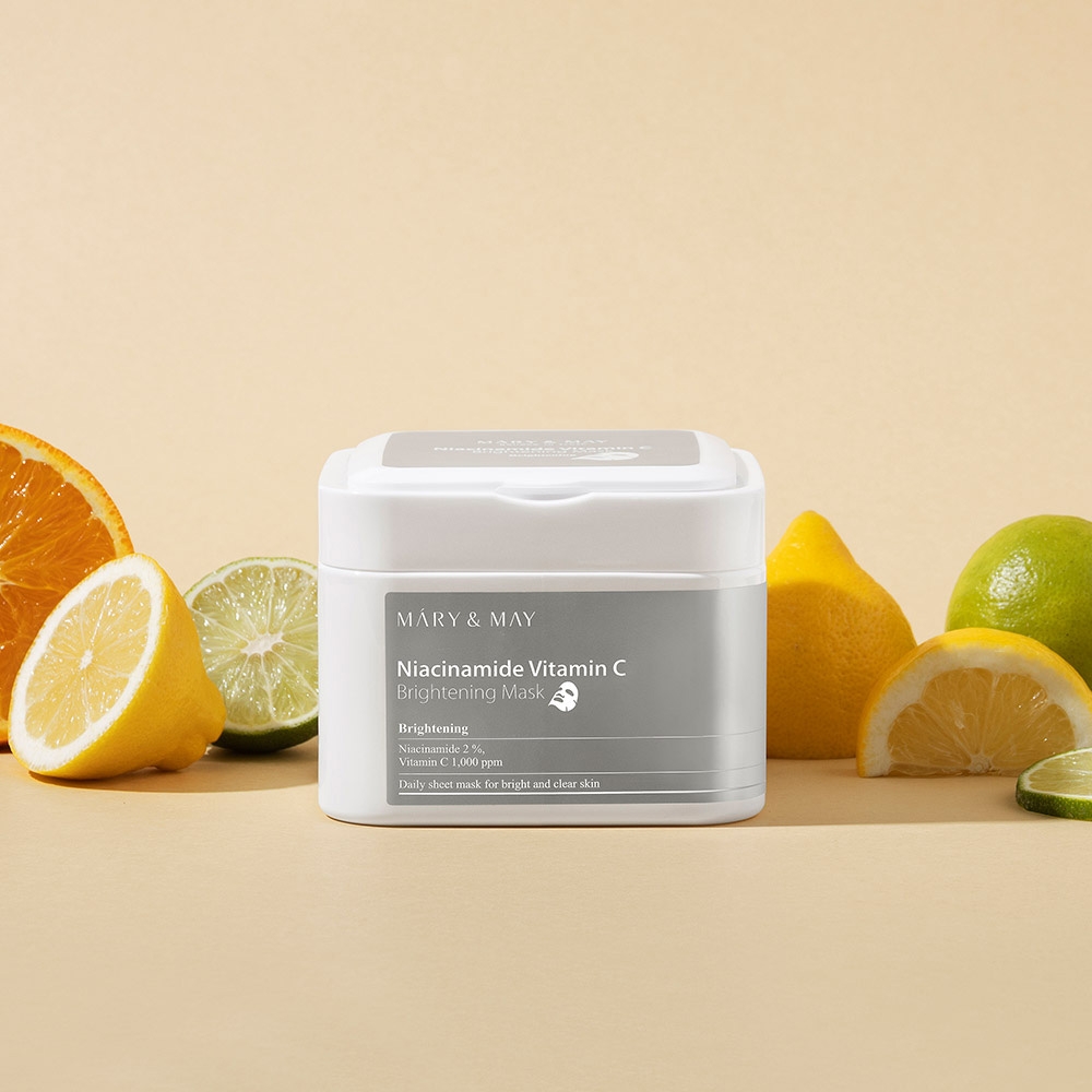Mary&May Niacinamide Vitamin C Brightening Mask 30ea tub front, Niacinamide 2% Vitamin C 1,000 ppm label