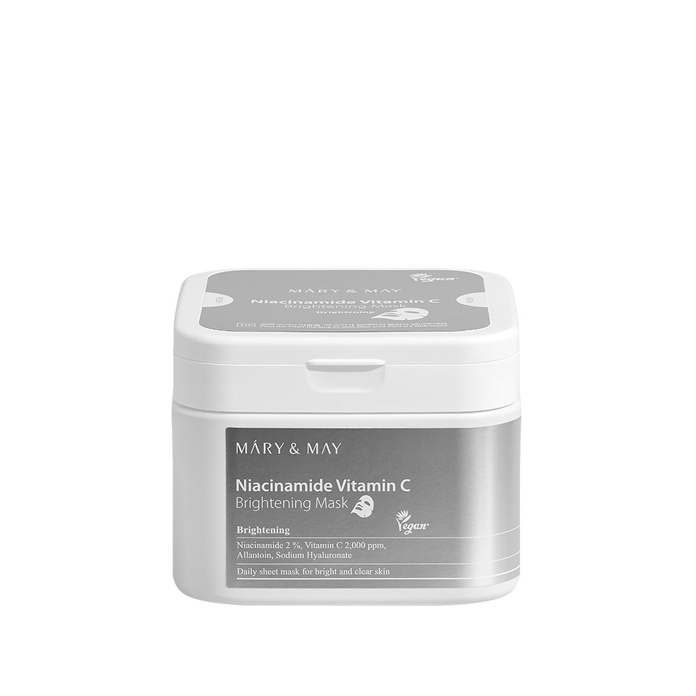 Mary&May Niacinamide Vitamin C Brightening Mask 30ea label, Niacinamide 2% Vitamin C 2,000 ppm, vegan