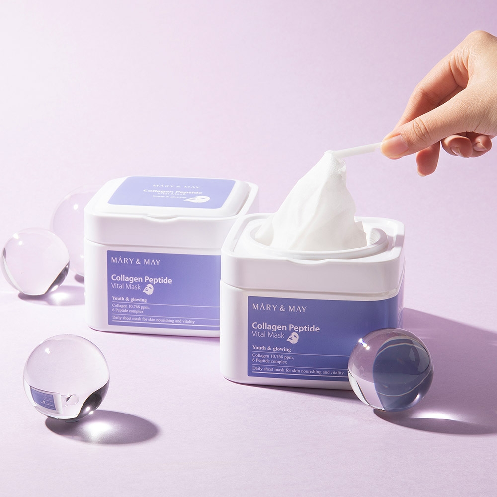 Mary&May Collagen Peptide Vital Mask sealed tub and open tub with sheet mask pulled out