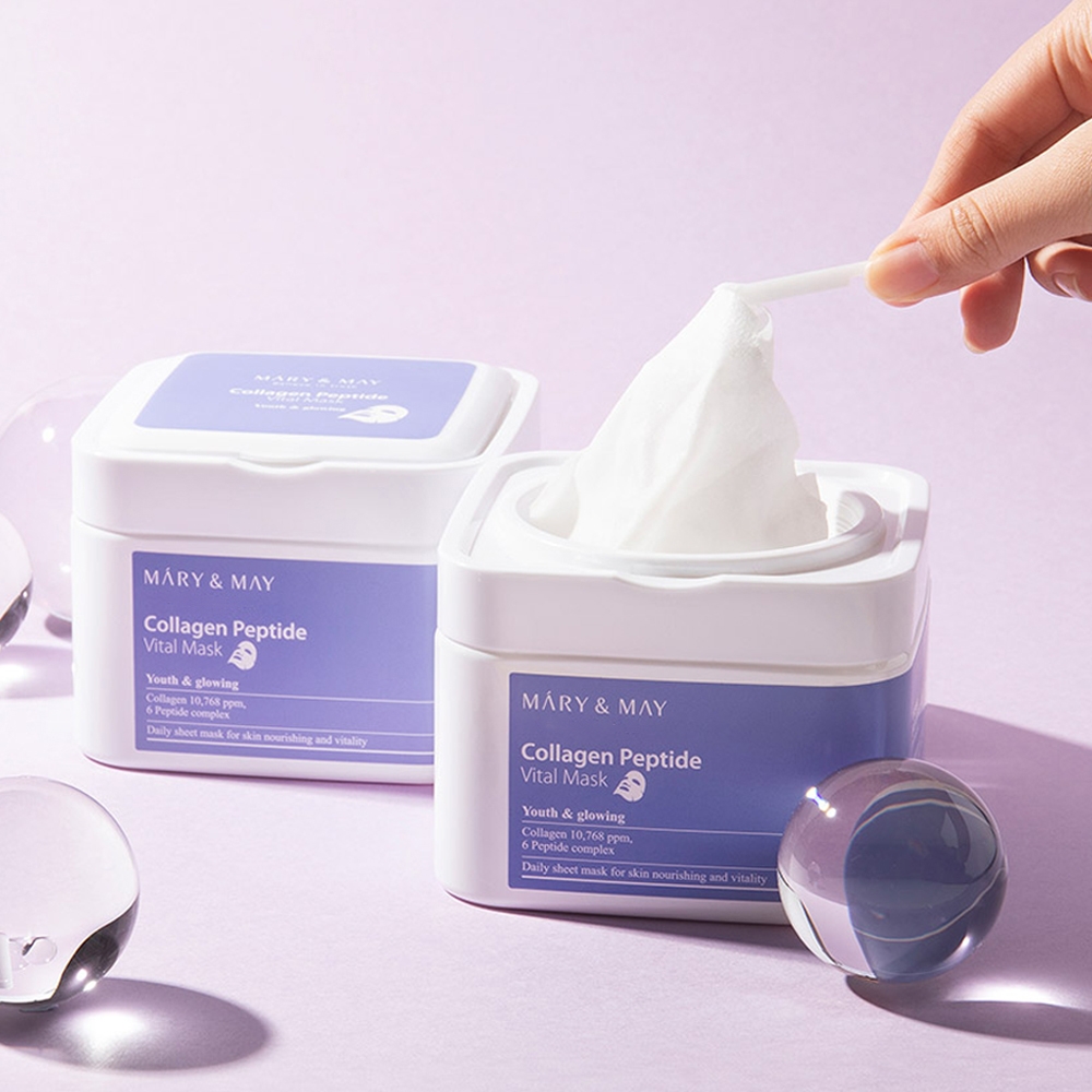 Mary&May Collagen Peptide Vital Mask open container sheet pull-out close-up