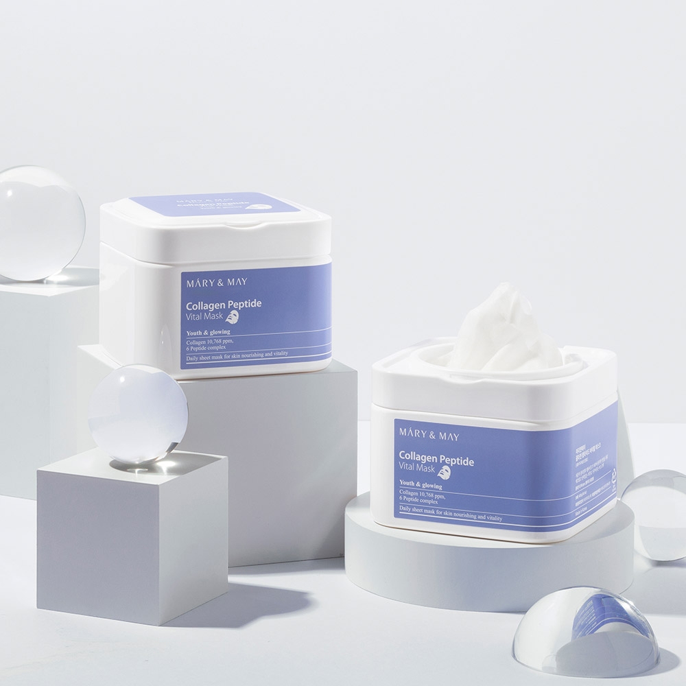 Mary&May Collagen Peptide Vital Mask closed and open tubs, Collagen 10,768 ppm 6 peptide complex