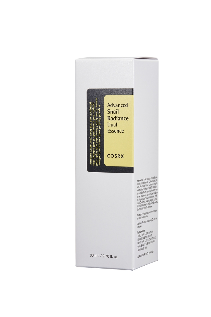 Cosrx Advanced Snail Radiance Dual Essence 80mL box front and ingredients panel