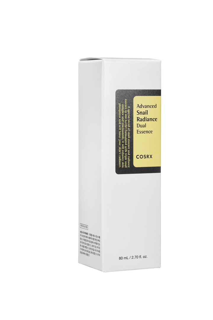Cosrx Advanced Snail Radiance Dual Essence 80mL box front and Korean label panel