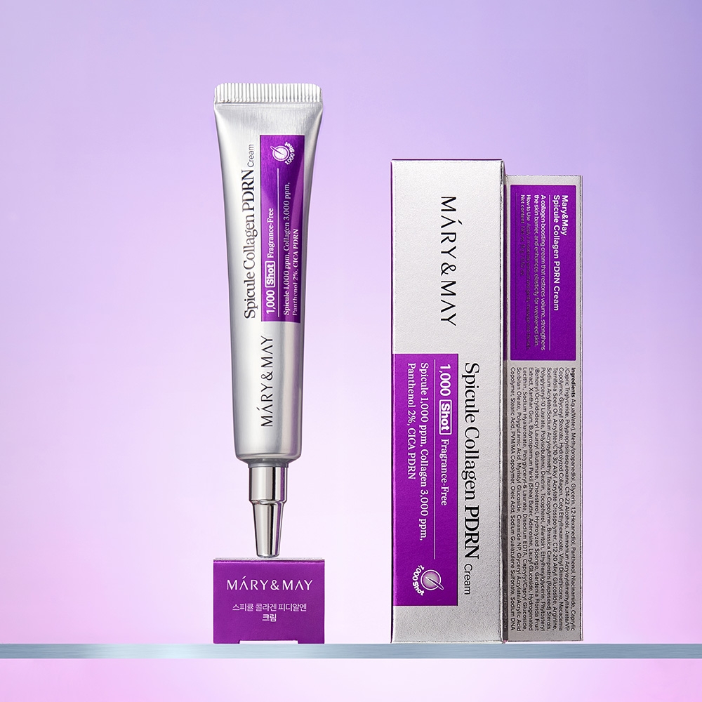 Mary&May Spicule Collagen PDRN Cream 15g tube and carton with ingredients panel