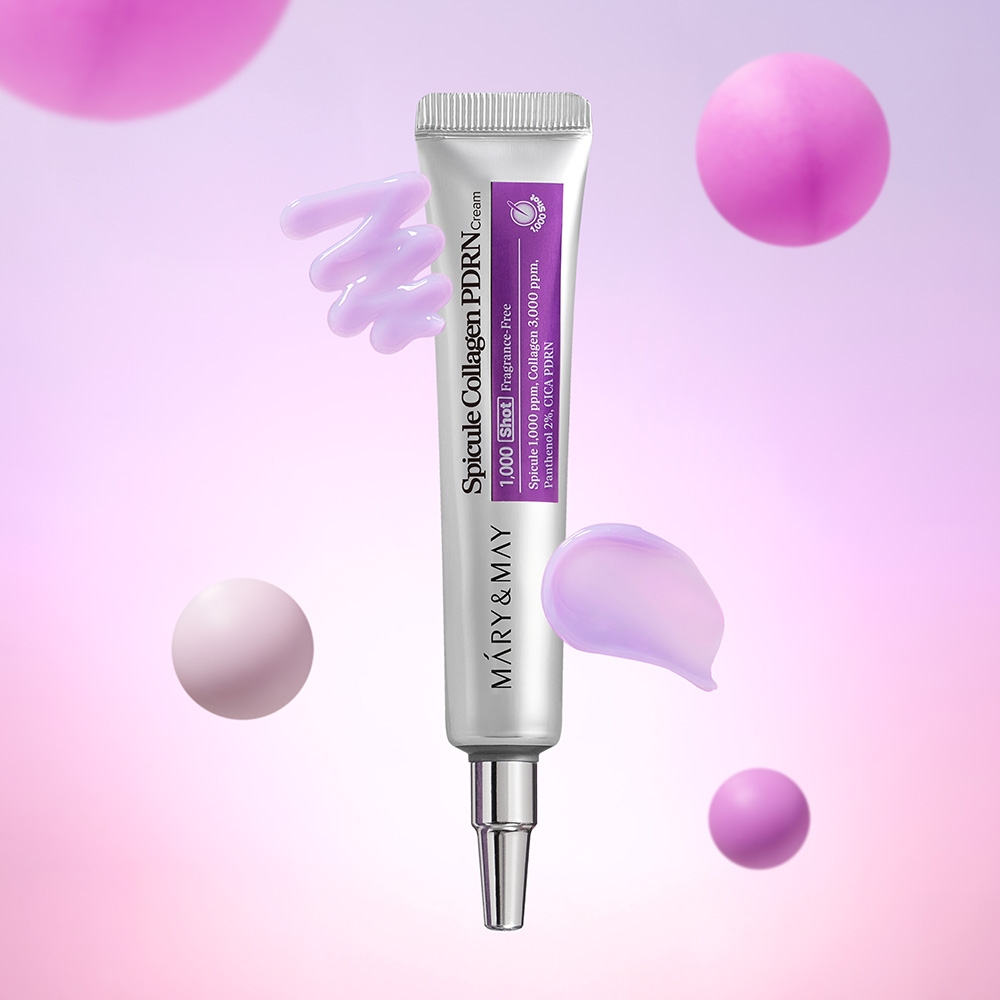 Mary&May Spicule Collagen PDRN Cream 15g tube with cream texture swatches