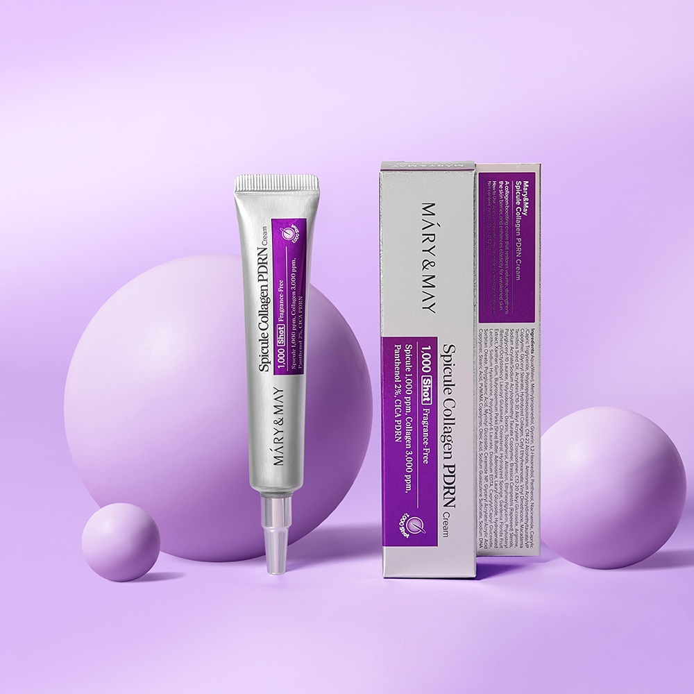 Mary&May Spicule Collagen PDRN Cream 15g tube next to carton back panel