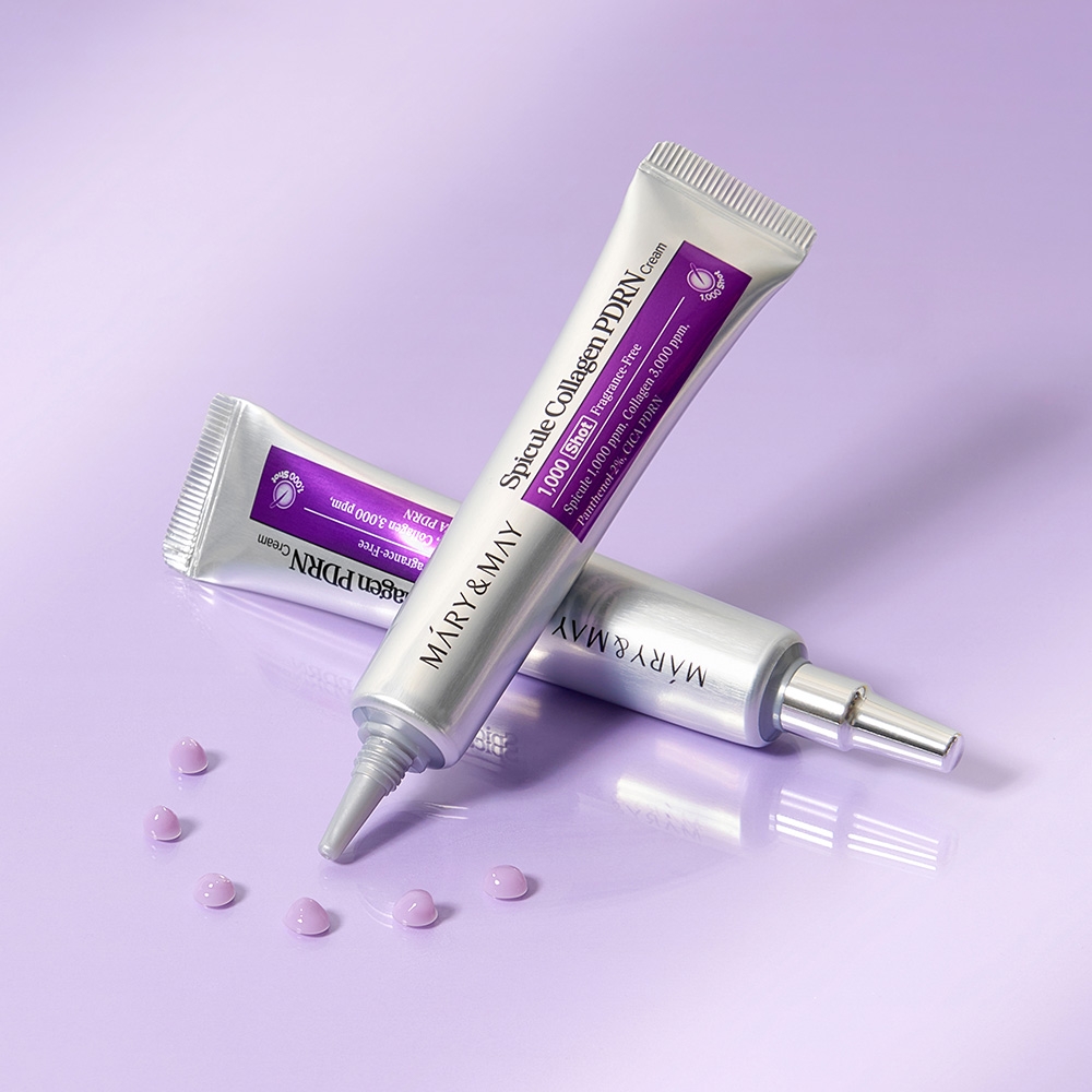 Mary&May Spicule Collagen PDRN Cream tube dispensing light purple cream dots