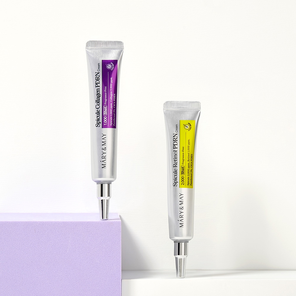 Mary&May Spicule Collagen PDRN Cream 1,000 Shot beside Spicule Retinol PDRN Cream 2,000 Shot