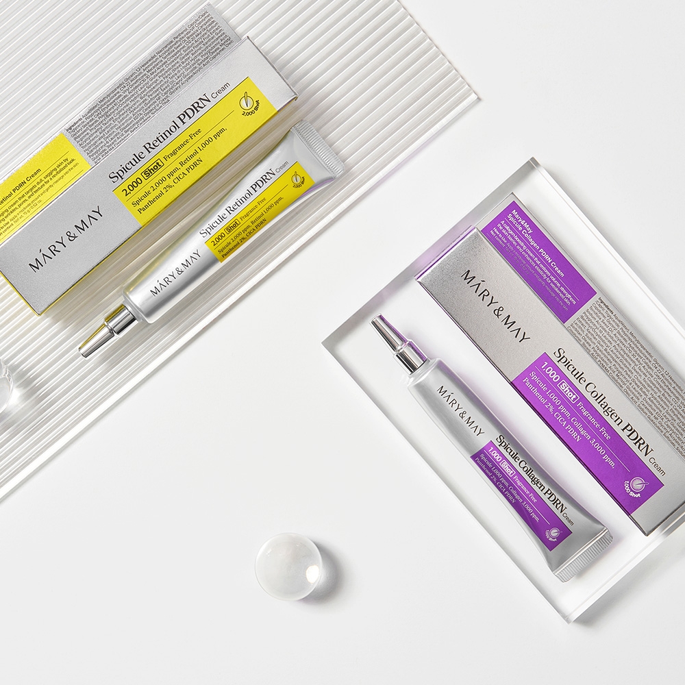 Mary&May Spicule Collagen and Retinol PDRN Cream tubes with cartons lineup