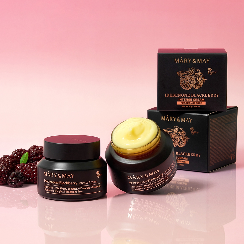 Mary&May Idebenone Blackberry Intense Cream 70g jar with fragrance free box packaging
