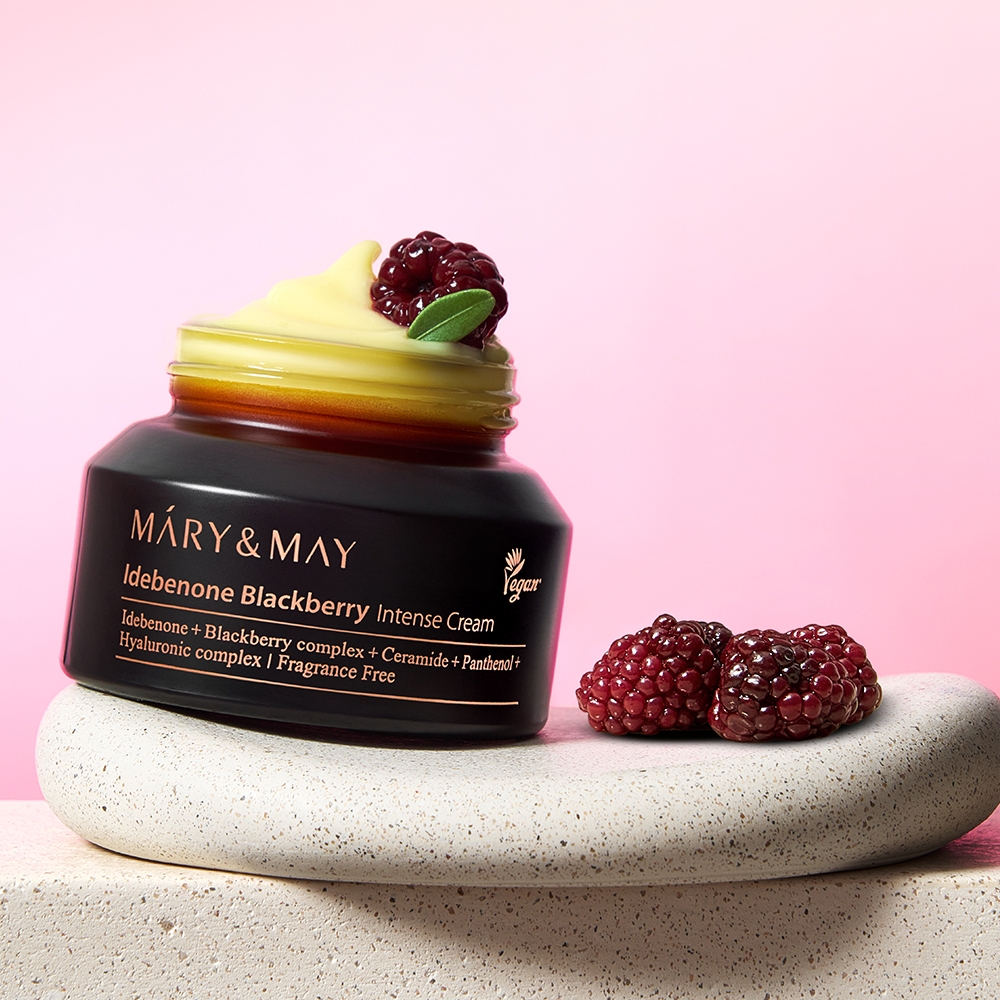 Mary&May Idebenone Blackberry Intense Cream 70g open jar with golden cream
