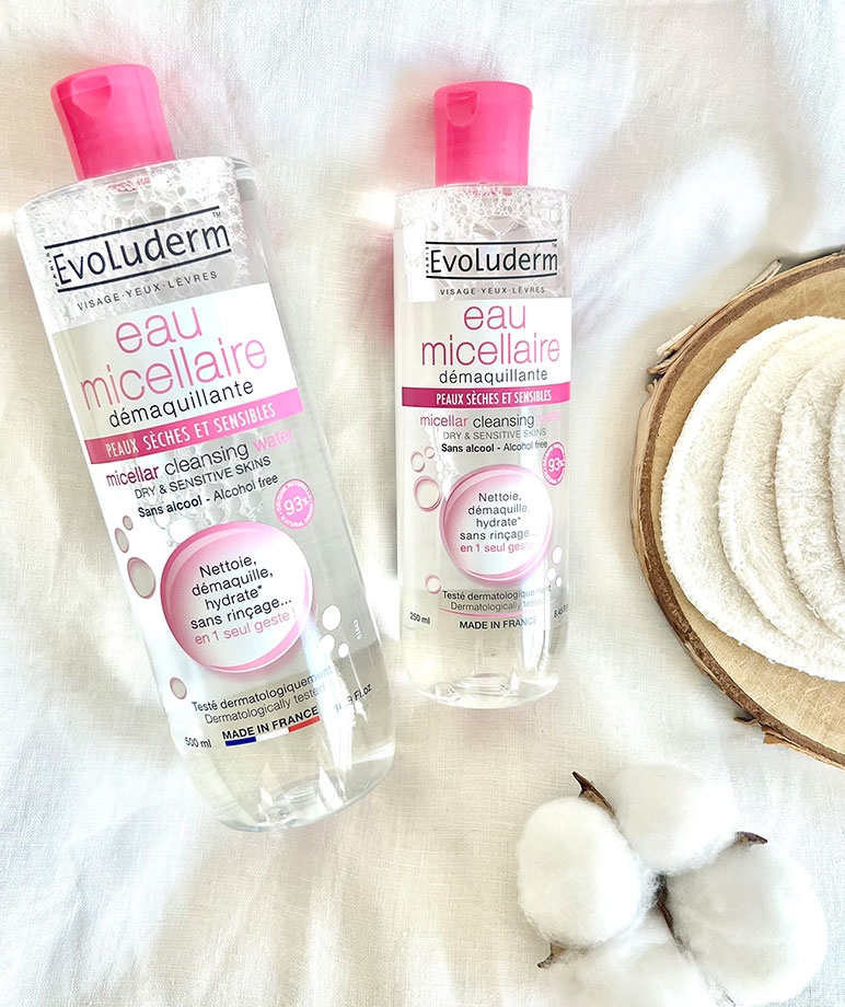 Evoluderm Micellar Cleansing Water 250 ml bottles, dry and sensitive skins version, alcohol free