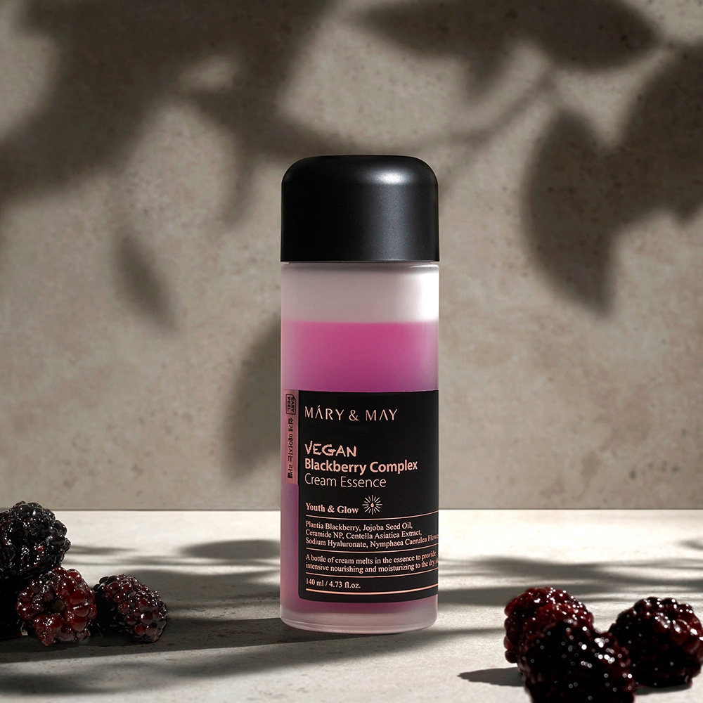 Mary&May Vegan Blackberry Complex Cream Essence 140ml front label with blackberry ingredients