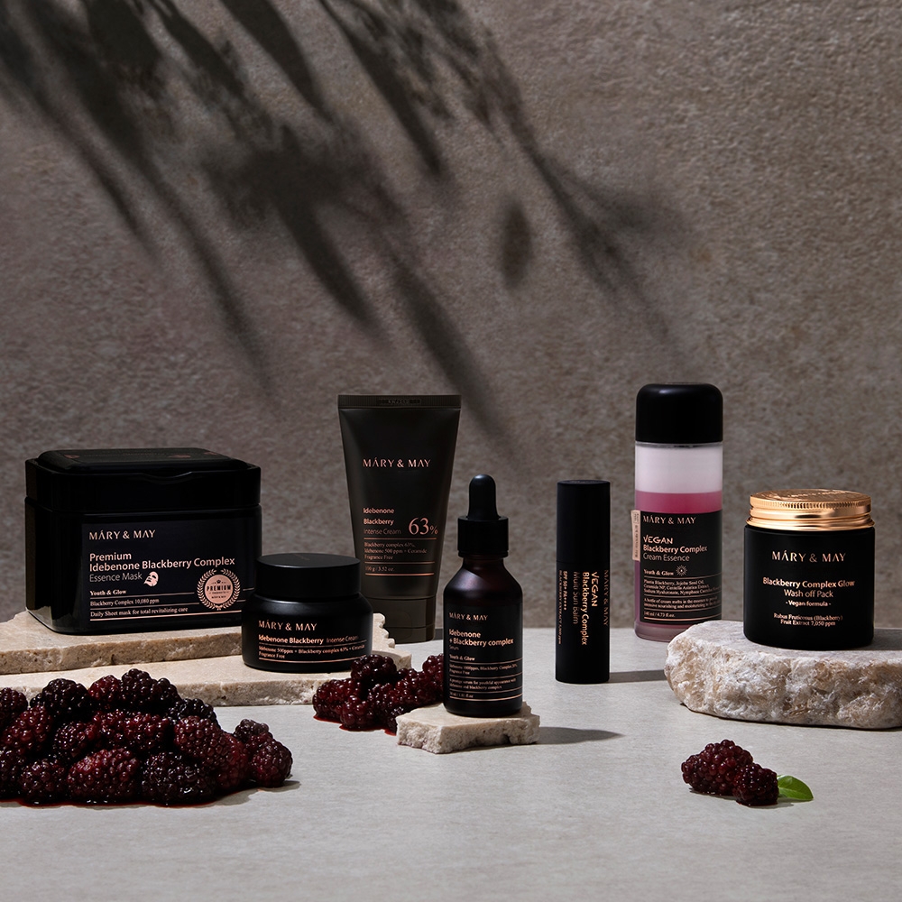 Mary&May Blackberry line lineup including Vegan Blackberry Complex Cream Essence