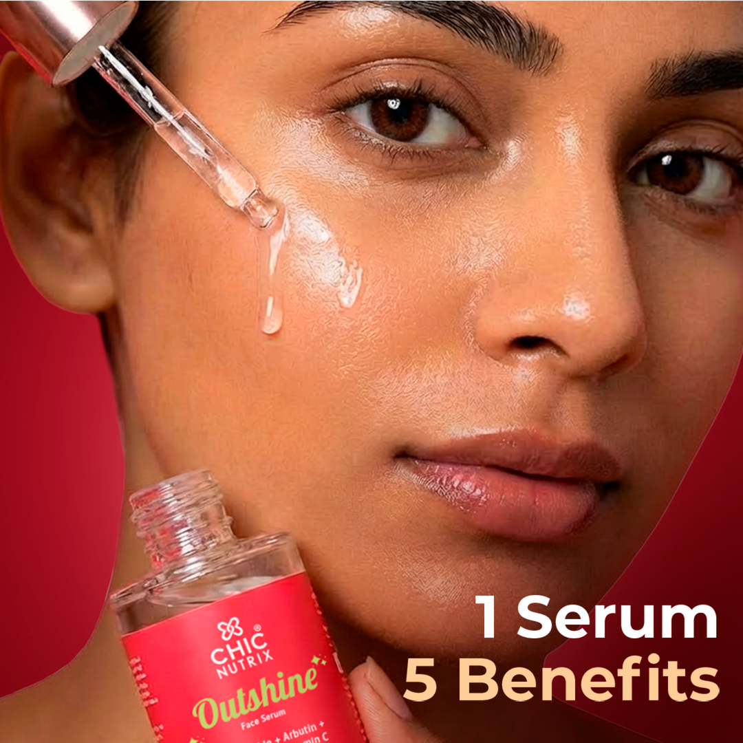 Chicnutrix Outshine Face Serum dropper applied on face, 1 serum 5 benefits