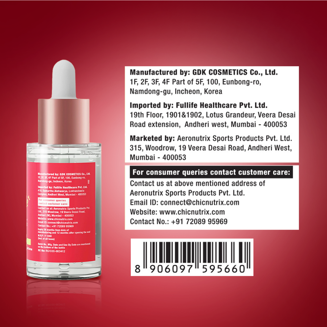 Chicnutrix Outshine Serum 30 ml back label with manufacturer, importer and barcode