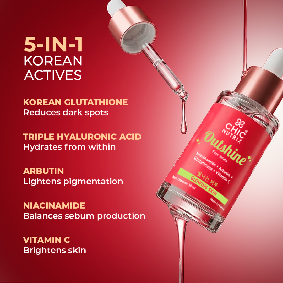Chicnutrix Outshine Serum 30 ml 5-in-1 Korean actives: glutathione, hyaluronic acid, arbutin, niacinamide, vitamin C