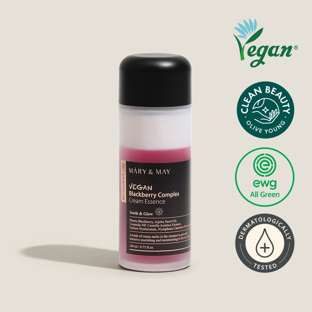 Mary&May Vegan Blackberry Complex Cream Essence 140ml vegan, EWG All Green, dermatologically tested badges