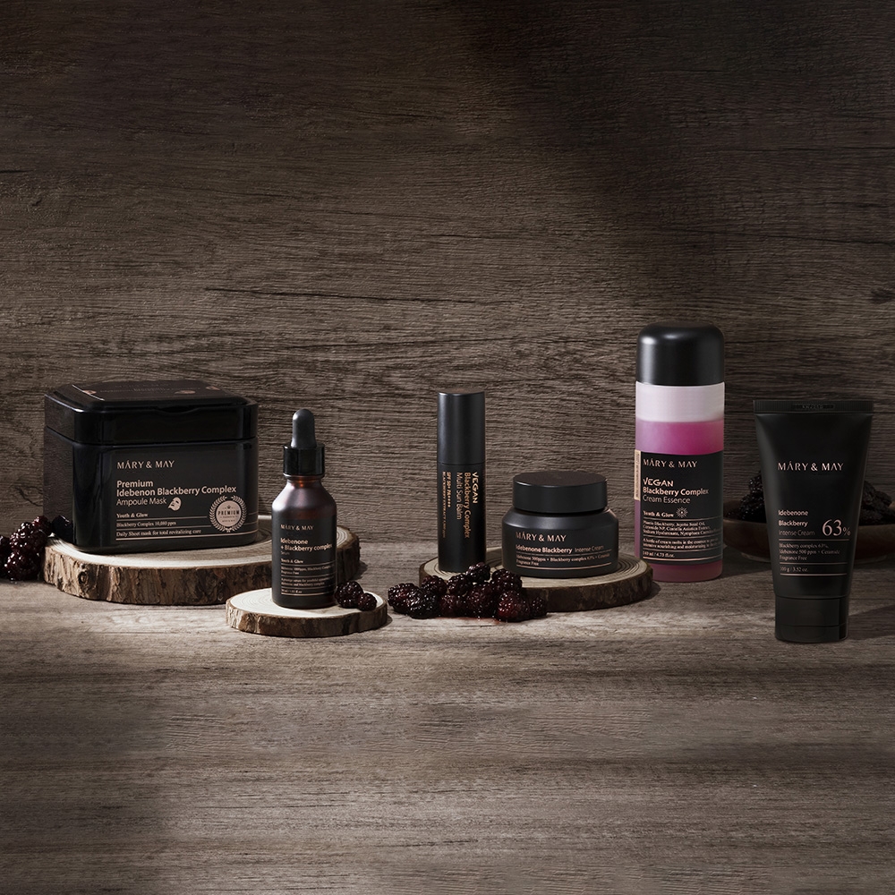 Mary&May Blackberry Complex skincare collection with cream essence, serum, essence mask and sun balm