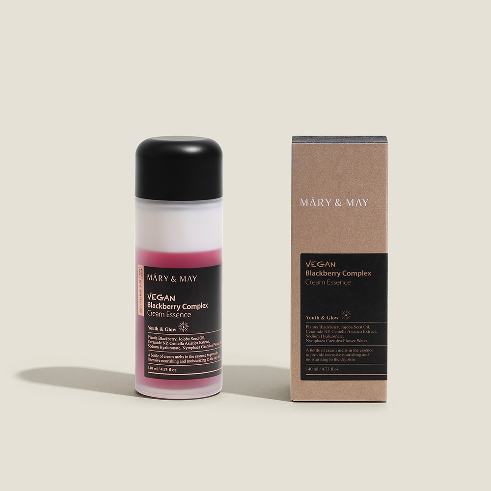 Mary&May Vegan Blackberry Complex Cream Essence 140ml bottle with outer box packaging