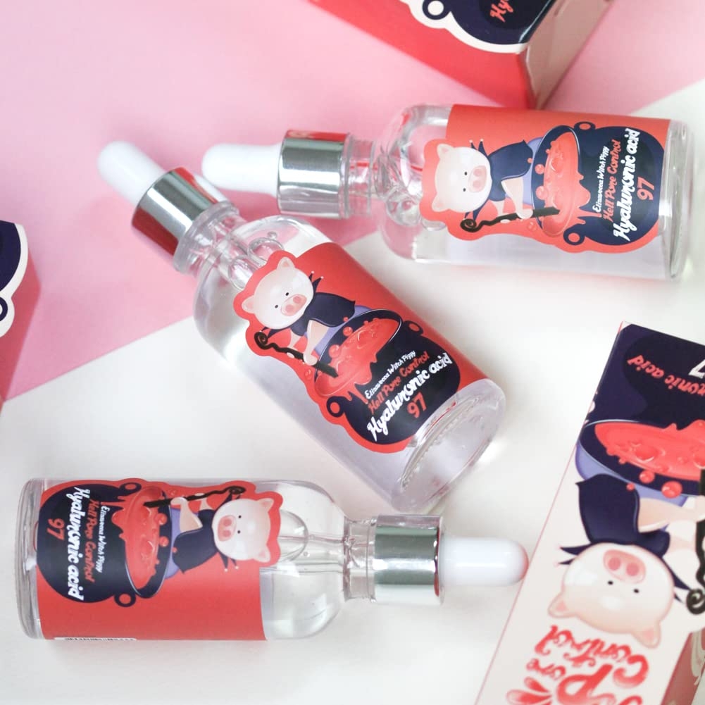 Elizavecca Witch Piggy Hell Pore Control Hyaluronic Acid 97 dropper serum bottles and box lineup