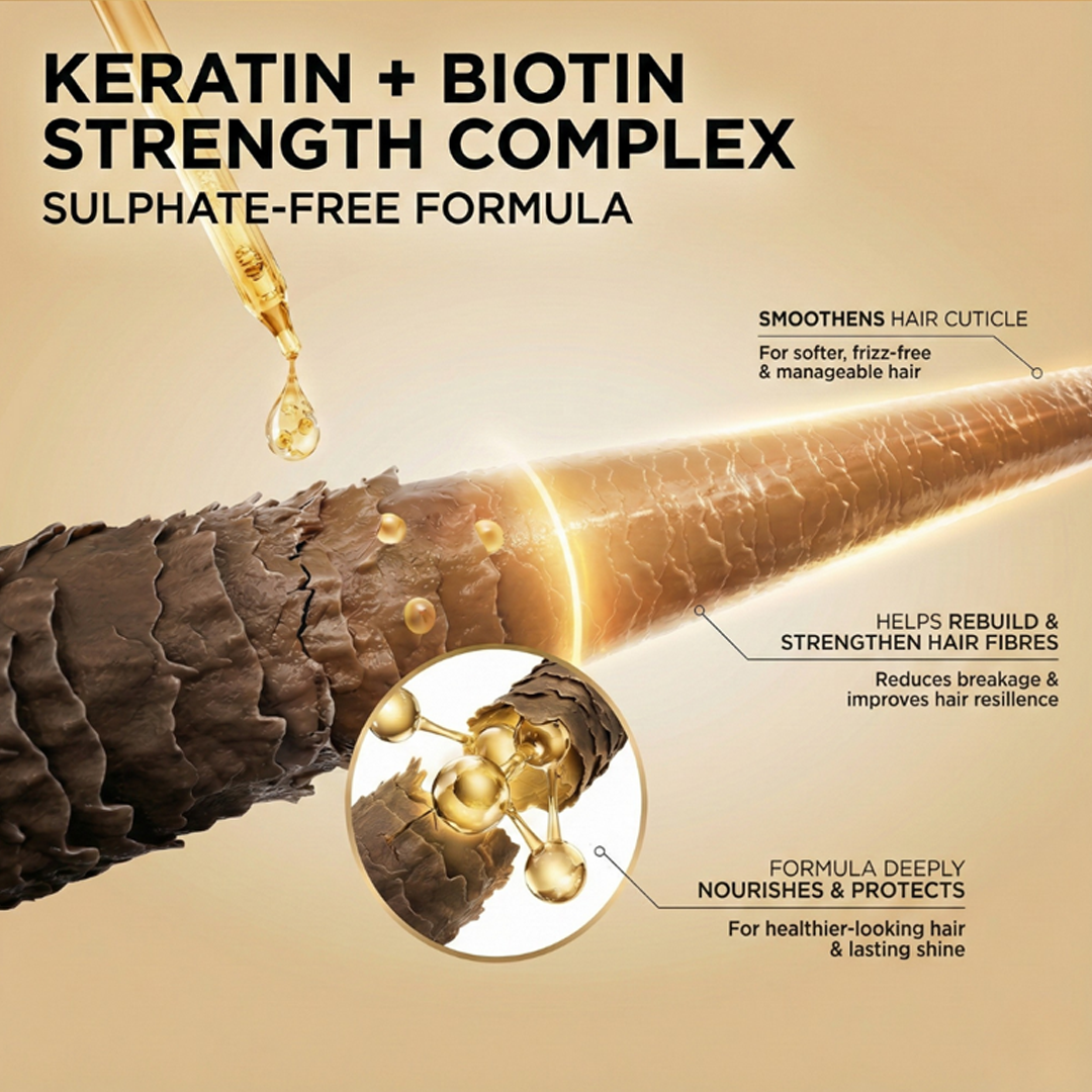 The Skin Story Sulfate Free Keratin & Biotin Shampoo Strength Complex hair cuticle smoothing benefits